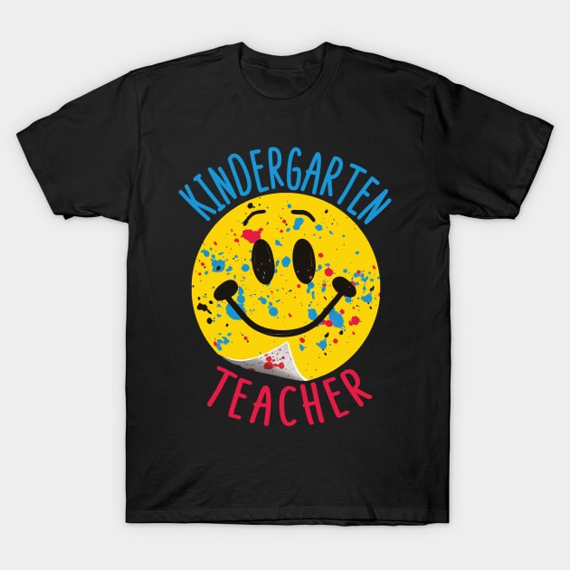 Kindergarten Teacher Paint Splattered Smiley Face Sticker T-Shirt by Rocky Ro Designs